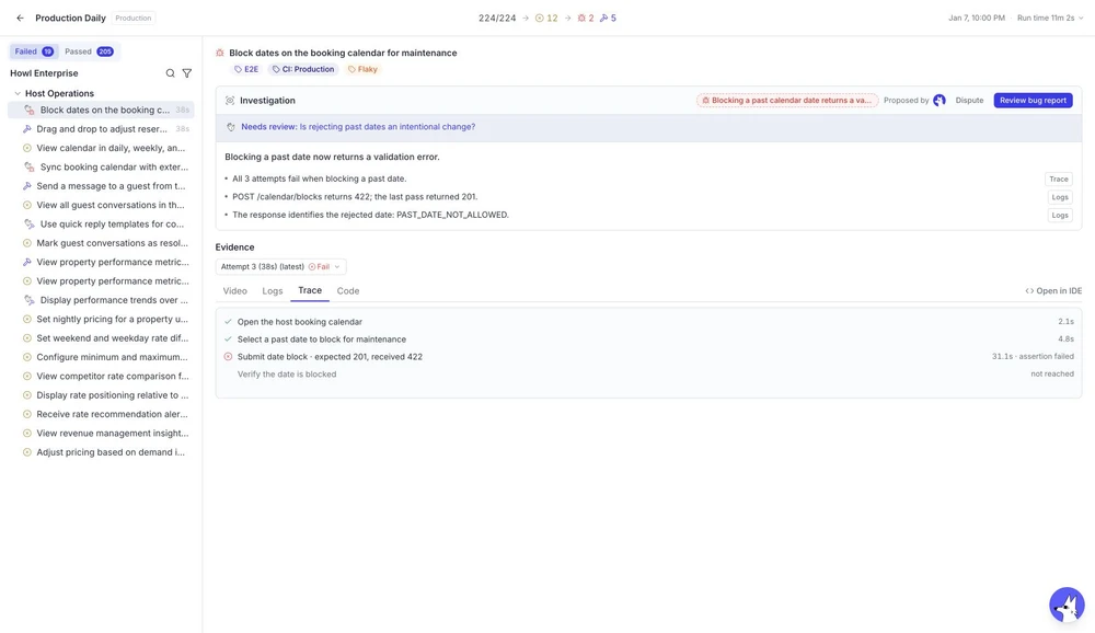 QA Wolf run details with an agent’s proposed diagnosis, evidence receipts, and review actions