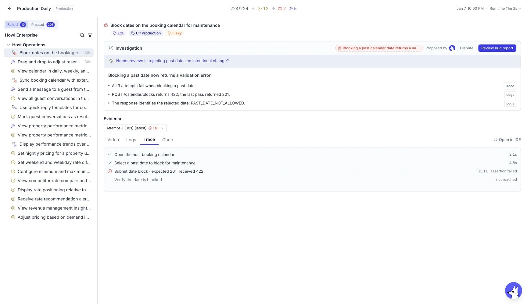 Original run details UI with a proposed bug, three evidence receipts, and a Needs review banner asking whether the behavior change is intentional.