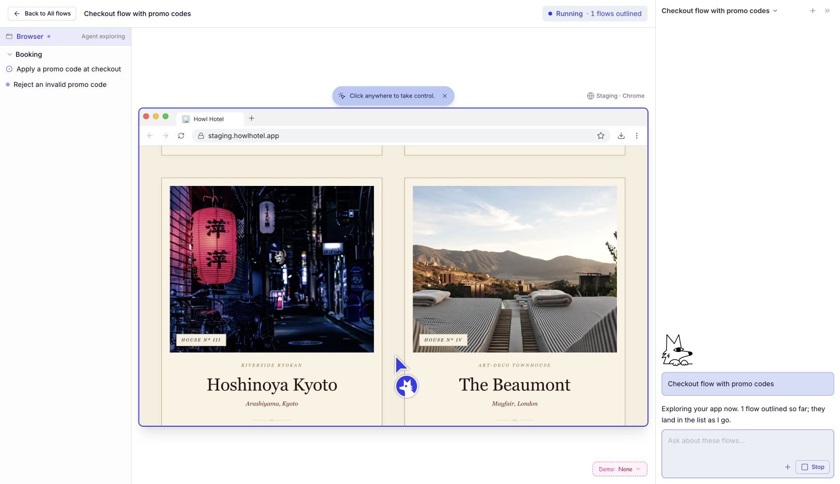 Original QA Wolf session with a purple browser outline and the banner “Click anywhere to take control.”